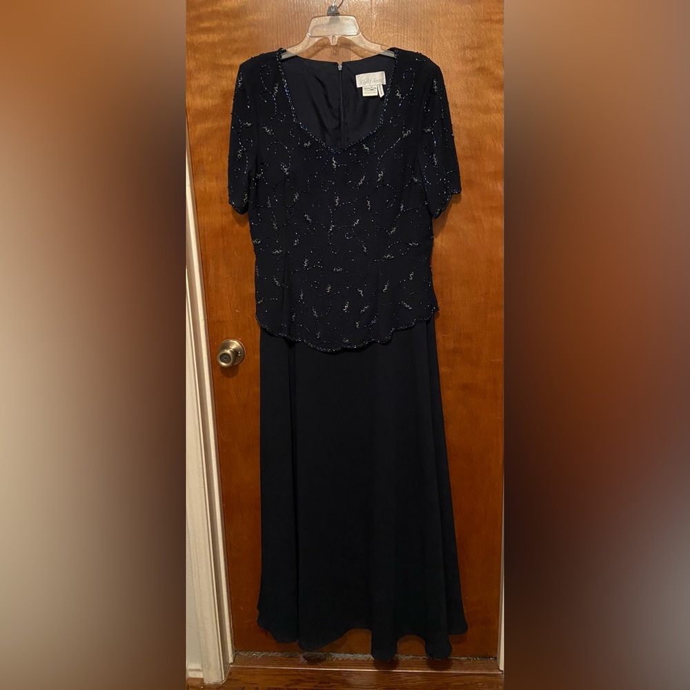 Night Scene Navy Beaded Formal Gown
